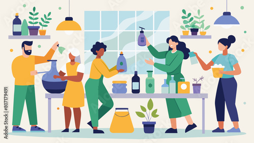 A room filled with the aroma of essential oils as a group of individuals create personalized natural cleaning products in an ecofriendly home cleaning.