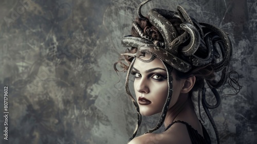 Portrait of the mythical essence of Medusa. The grayscale palette highlights the intricate details of the snakes, creating a mesmerizing and formidable image.