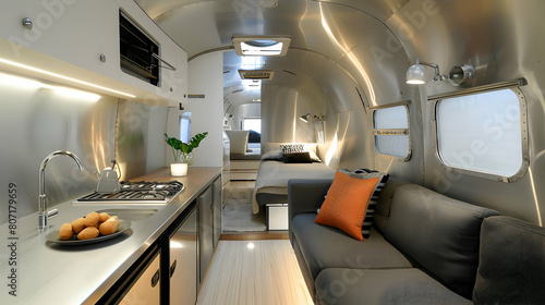 A sleek airstream trailer converted into a modern living space, with a sleek interior