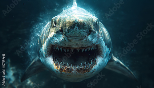 Great White Menace  Apex Predator with Razor-Sharp Teeth Lurks in Ocean Depths and suddenly appears up and attacking its victim. Beauty and Danger in Nature concept.