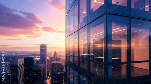 Close-up of a high-rise condominium with floor-to-ceiling windows offering panoramic views of the city skyline, epitomizing luxury urban living