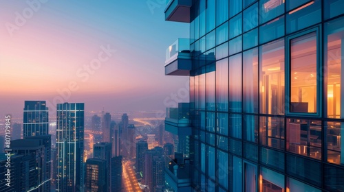 Close-up of a high-rise condominium with floor-to-ceiling windows offering panoramic views of the city skyline  epitomizing luxury urban living