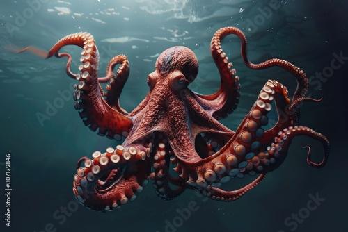 Flight of giant octopus in the deep. Japan East sea octopus