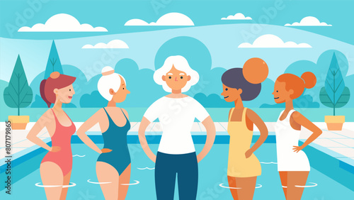 A group of elderly women line up behind their instructor ready to begin their aqua aerobics class in a sparkling outdoor pool.. Vector illustration