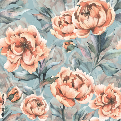 Peony flowers with buds and leaves with flying butterflies in pastel peach fuzz color. Hand drawn botanical watercolor illustration. Romantic, cute, beautiful, seamless pattern, repeating ornament. © NATASHA-CHU