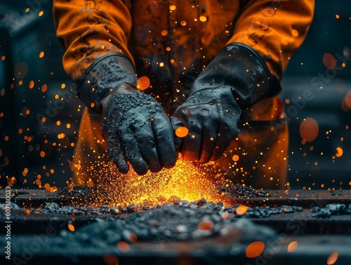 A close-up shot focusing on the hands of a steel foundry worker, illustrating the skill and precision involved in guiding the steel casting process.