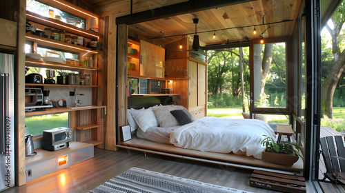 A tiny house with a Murphy bed that folds up to create extra living space during the day