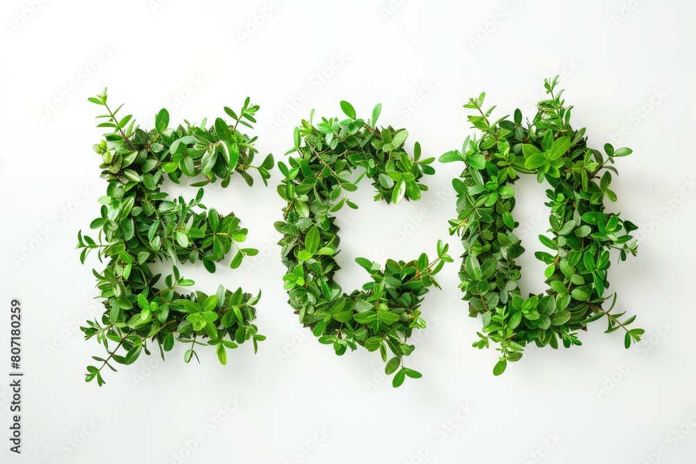 A word ECO made of green leaves on a white background A word ECO made of green leaves on a white background