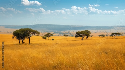 A vast savanna with golden grasslands stretching to the horizon  dotted with acacia trees