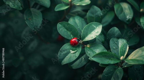 Close-up of a ladybug perched on a delicate leaf, its bright red shell contrasting beautifully with the lush green foliage.