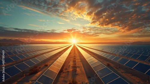 A vast solar farm stretching across the desert, with rows of solar panels reflecting sunlight