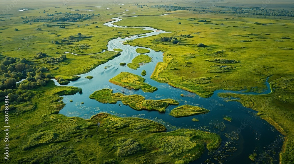 An aerial view of a wetland conservation area, showcasing its importance for migratory birds