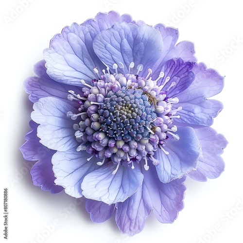A single scabiosa with a pincushionlike center and lavender petals, isolated on a white background photo