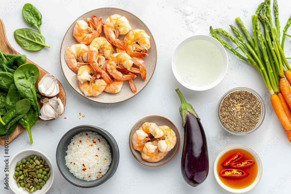 Top view of dinner ingredients on white background with space Cooked prawns clamps asparagus spinach baby eggplant brown rice salt pepper Top view of dinner ingredients on white background with space Cooked prawns clamps asparagus spinach baby eggplant brown rice salt pepper