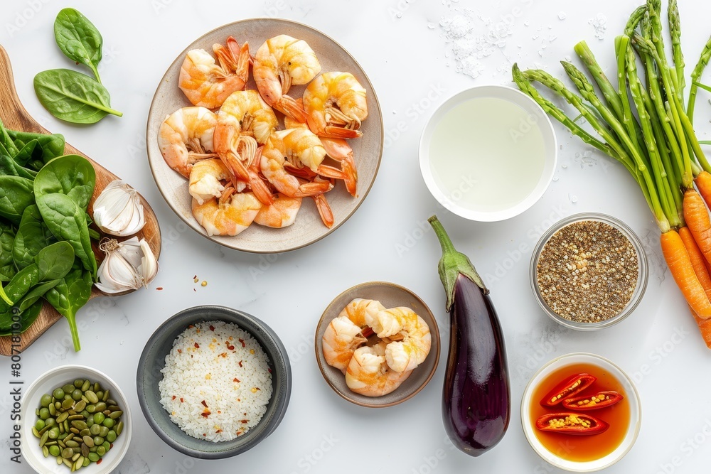 Top view of dinner ingredients on white background with space Cooked prawns clamps asparagus spinach baby eggplant brown rice salt pepper