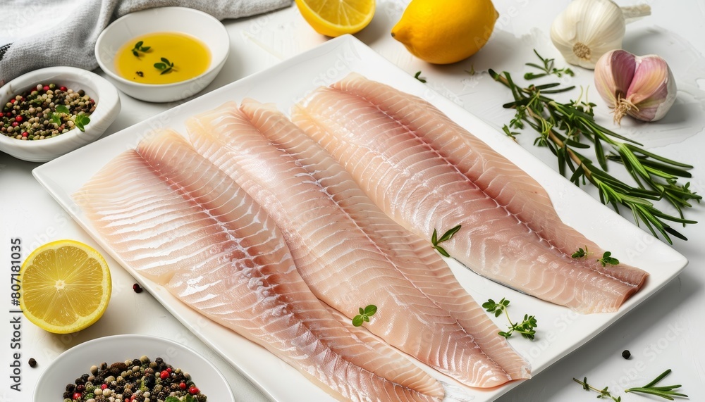 Top view of fish fillet on white plate with fresh herbs spices lemon lime and rosemary including dolly fish tilapia and striped catfish ready for cooking Top view of fish fillet on white plate with fresh herbs spices lemon lime and rosemary including dolly fish tilapia and striped catfish ready for cooking
