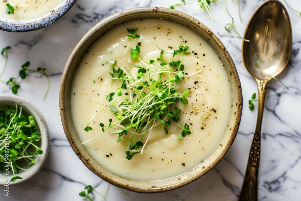 Top view of French vichyssoise cold potato leek soup with microgreens on marble table Healthy food concept Selective focus Top view of French vichyssoise cold potato leek soup with microgreens on marble table Healthy food concept Selective focus