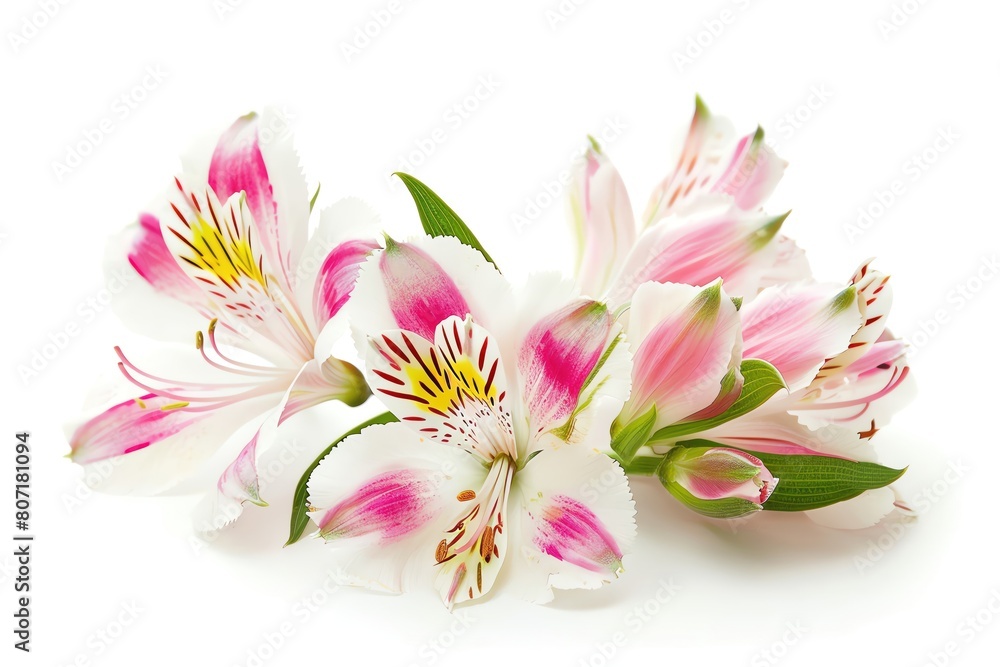 A fresh alstroemeria with striped pink and white petals, isolated on a white background A fresh alstroemeria with striped pink and white petals, isolated on a white background