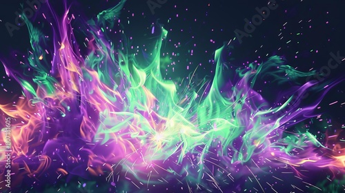 Abstract artwork of a fire explosion in a palette of purple and green flames, with vibrant sparks creating a mystical effect on a dark background photo