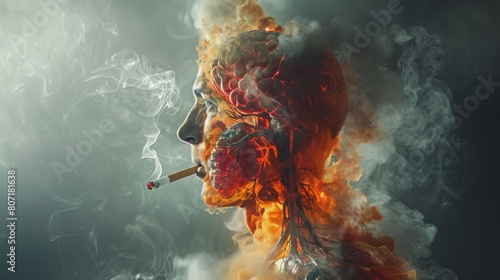 Double exposure of a man smoking a cigarette on a dark background. photo