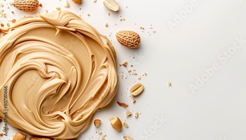 Top view of isolated peanut butter and peanuts on a white background photo