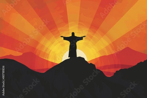 Minimalist interpretation of the Sermon on the Mount with a focus on Jesus silhouette against a sunrise background, symbolizing hope and renewal, ideal for spiritual publications