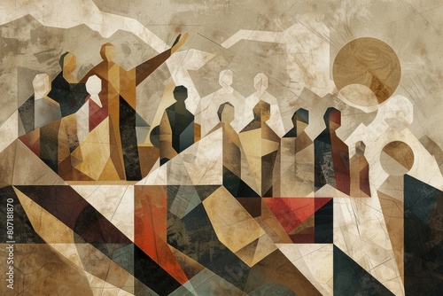Modern abstract design of the Sermon on the Mount, using geometric shapes and subdued earth tones to depict Jesus and the crowd, suitable for contemporary church artwork
