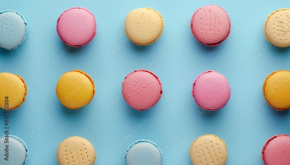 Fototapeta premium Top view of pastel colored french macarons arranged in a colorful pattern against a blue background