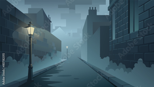 A streetlight illuminates a foggy alleyway revealing nothing but a thick wall of mist and causing a sense of foreboding fear to settle in the air..