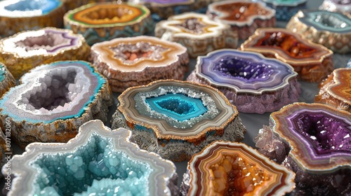  A multicolored rock cluster sits atop a pristine white countertop, adorned by various colored stones