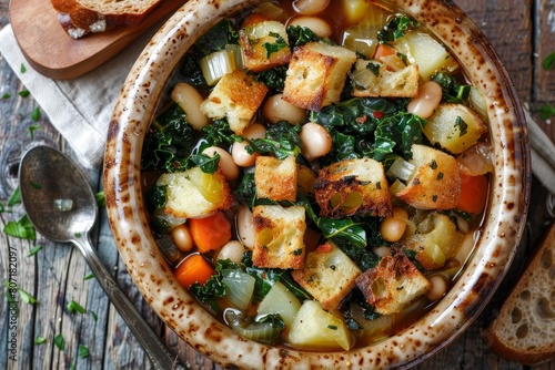 Top view of Ribollita a Tuscan bread soup with vegetables including beans kale cabbage carrot and potatoes Italian cuisine overhead shot photo