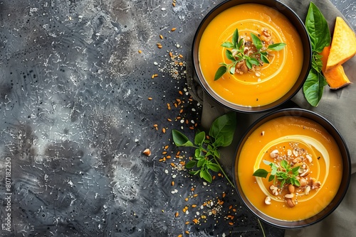 Top view of sweet potato and butternut squash soup in bowls