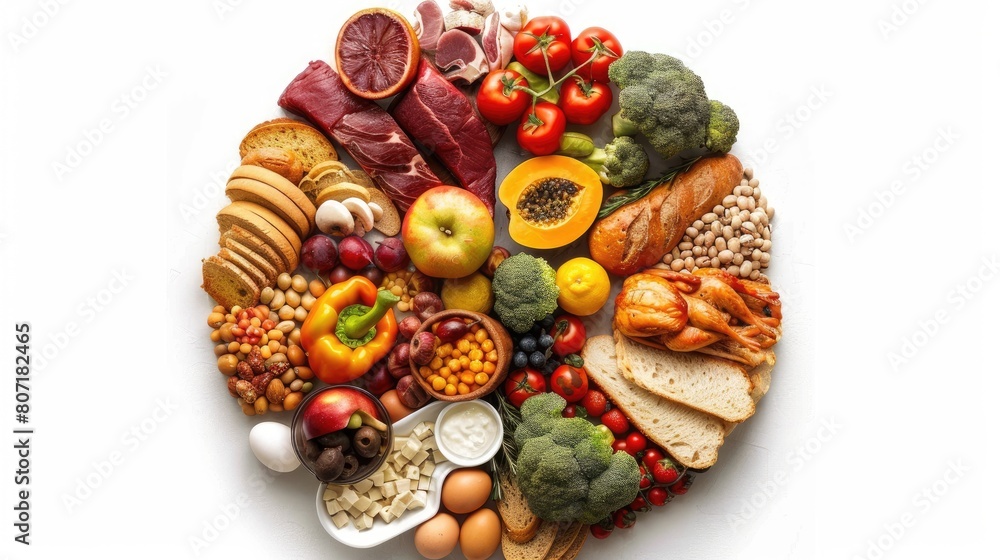 a food group pie chart alongside a pyramid diagram, illustrating the diverse categories of foods including vegetables, fruits, bread, milk, fish, and meat, against a clean white background.