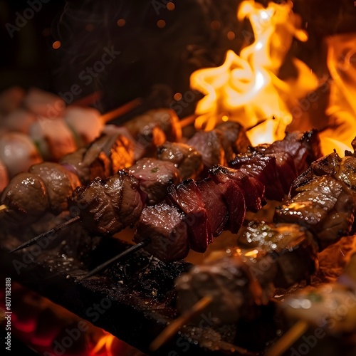 Dramatic DarkLit Churrasco Grill Skewering and Seasoning Various Cuts of Meat for Argentine Asado photo