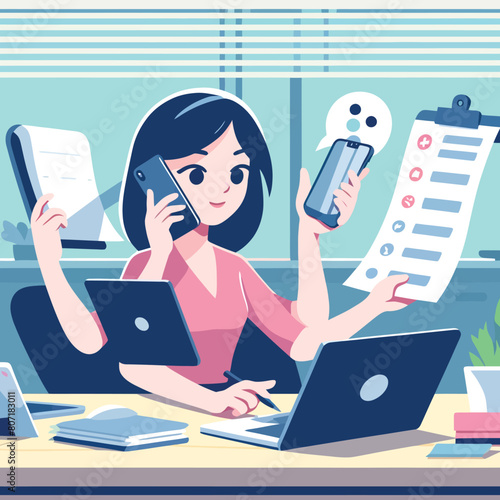 illustration of a businesswoman multitasking in general