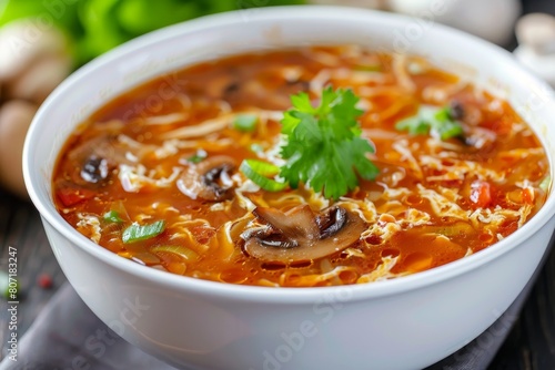 Traditional Chinese soup with tomato egg mushrooms in white bowl