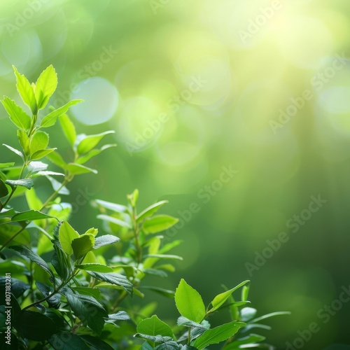Lush green foliage with a dappled sunlight effect on a blurred green background, perfect for environmentally themed copy space