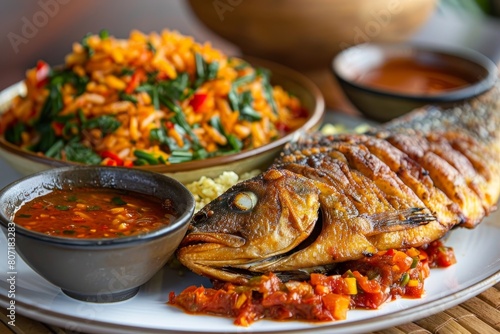 Traditional Ghanaian dish consisting of Banku fried tilapia and spicy sauce photo