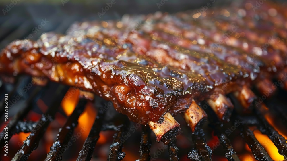 Close-up of a mouthwatering rack of pork ribs coated in a sticky glaze, caramelized to perfection on the grill, ready to be devoured.