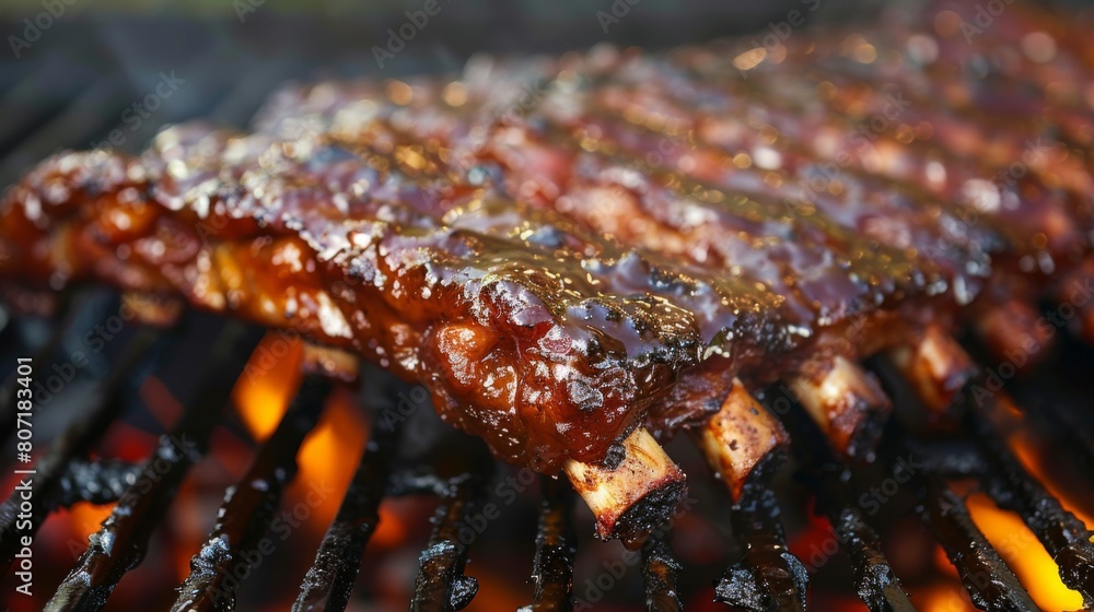 Close-up of a mouthwatering rack of pork ribs coated in a sticky glaze, caramelized to perfection on the grill, ready to be devoured. Close-up of a mouthwatering rack of pork ribs coated in a sticky glaze, caramelized to perfection on the grill, ready to be devoured.