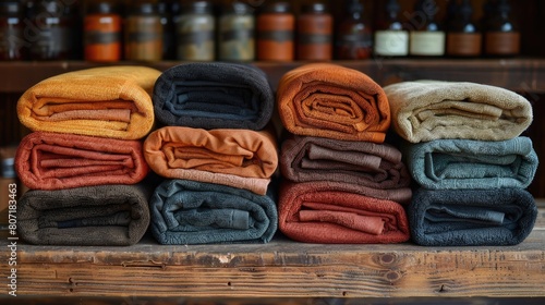 Stacked colorful cotton towels on rustic wooden background. © Evon J