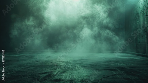 Mystical green smoke on a dark concrete floor. Abstract background concept for
