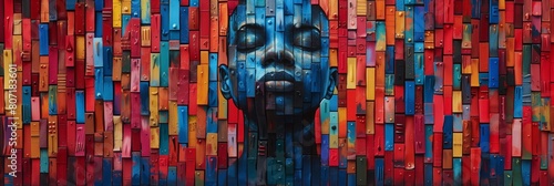 Mural black woman face crafted from colorful recycled materials large urban wall