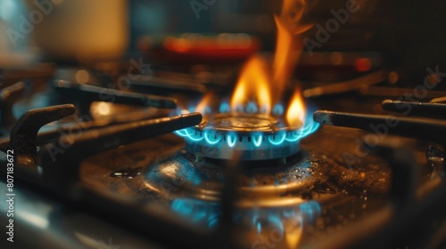 Blue gas flames on a stove top in a dark kitchen.