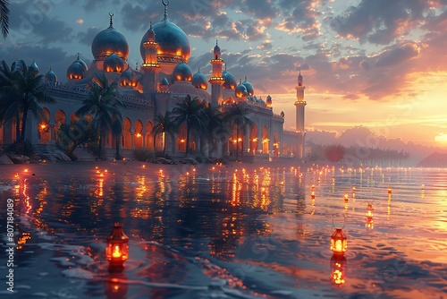 Reflection of mosque in the lake at sunset, Abu Dhabi, UAE