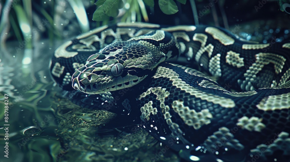 Obraz premium an Egyptian ball python as it gracefully coils on a rocky surface, its vibrant colors contrasting against the natural background, creating a striking wildlife portrait.