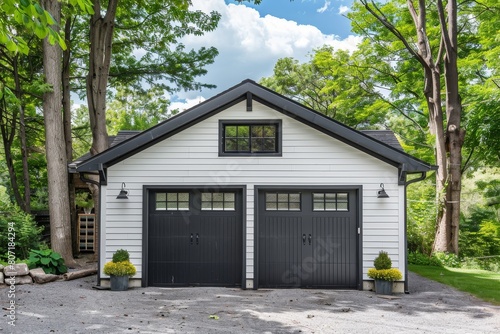 Two car garage with white gable roof and black raised panel metal door