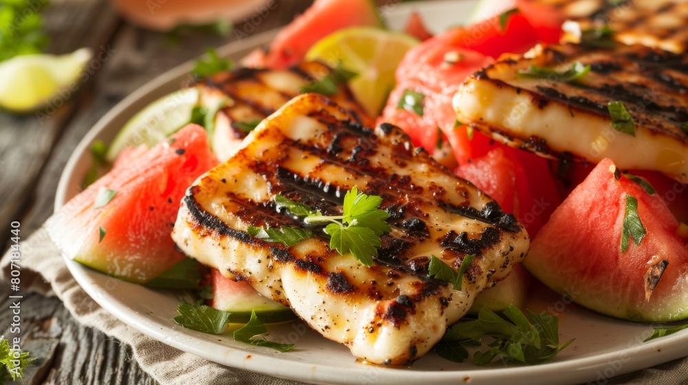 Close-up of a plate of grilled halloumi cheese served with watermelon slices, a refreshing and delicious appetizer from the Middle East. Close-up of a plate of grilled halloumi cheese served with watermelon slices, a refreshing and delicious appetizer from the Middle East.