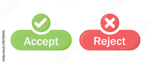 Accept and reject button icon with tick and cross symbol in green and red color. Right and wrong buttons symbols. Check box icon with right and wrong sign. Vector