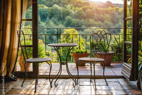 Two iron chairs and table on closed glazed terrace with beautiful view of cozy new area in warm country on sunny summer day ideal for honeymooners in romantic ho photo